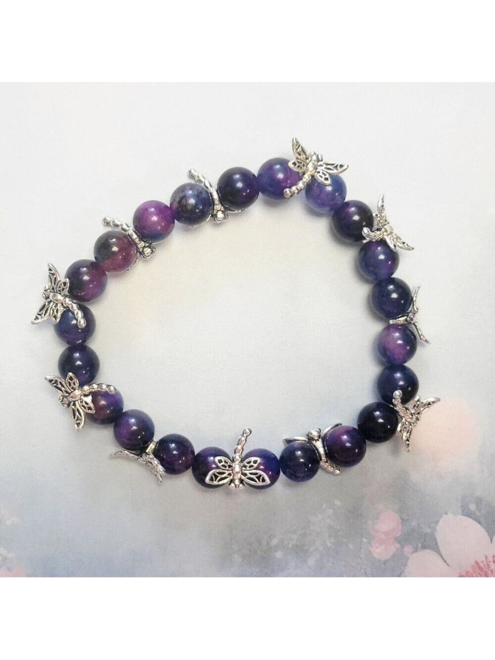 Sugilite Crystal Silver Dragonfly Beaded Bracelet 7.5"